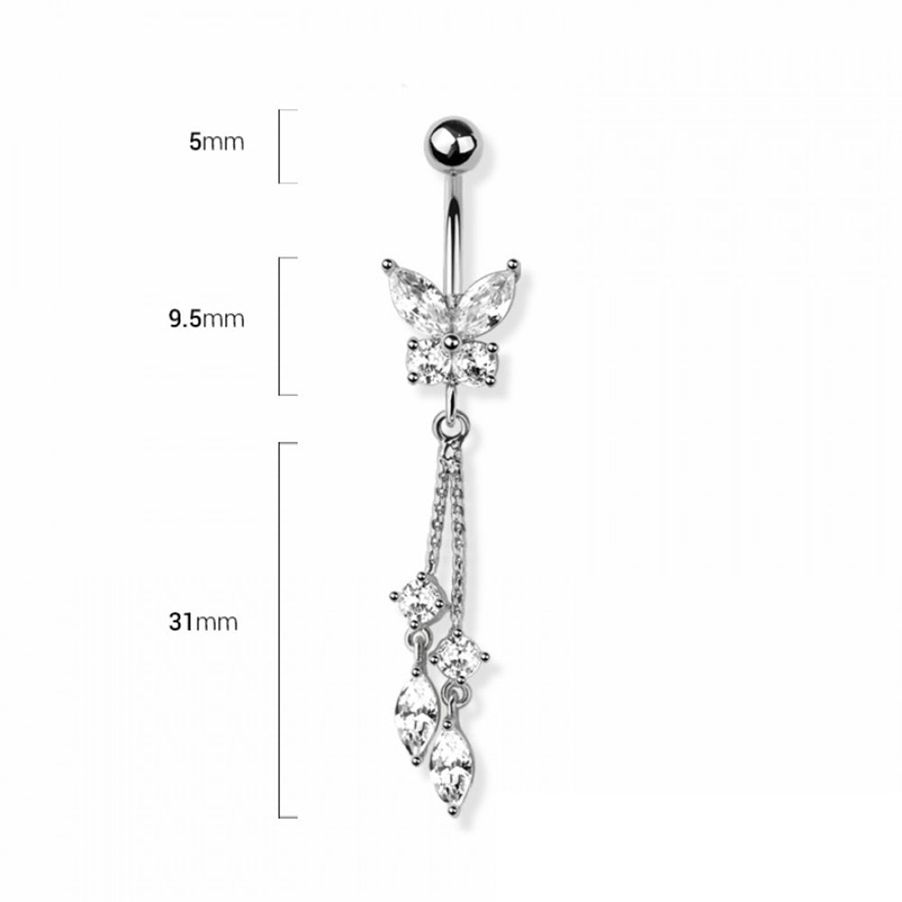 CZ Crystal Butterfly with Double Dangling Marquise Chains Belly Button Ring - 316L Stainless Steel