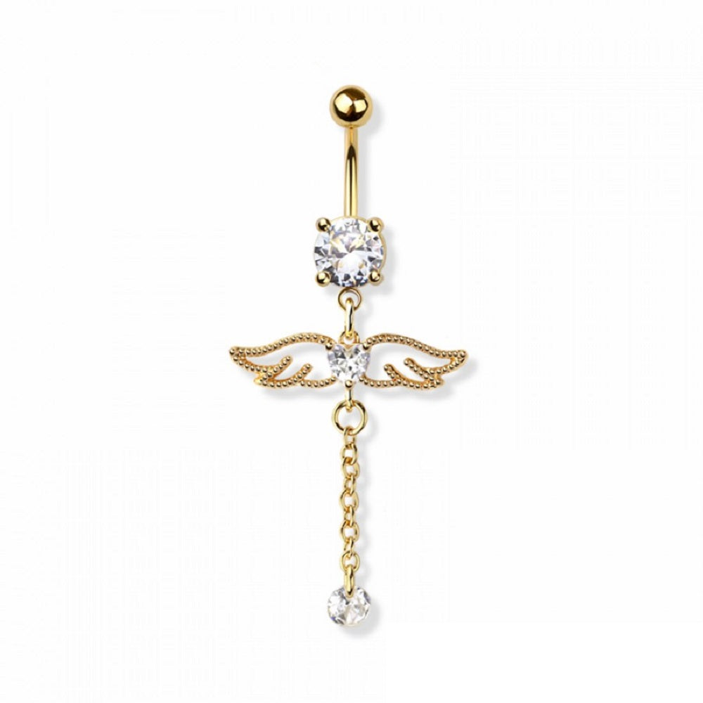 CZ Crystal Angel Wings with Dangling Chain Belly Button Ring - 316L Stainless Steel