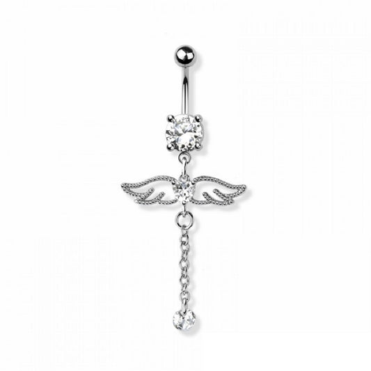 CZ Crystal Angel Wings with Dangling Chain Belly Button Ring - 316L Stainless Steel
