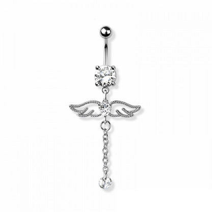 CZ Crystal Angel Wings with Dangling Chain Belly Button Ring - 316L Stainless Steel