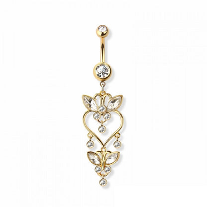 CZ Crystal Heart Butterfly Dangling Belly Button Ring - 316L Stainless Steel