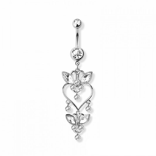 CZ Crystal Heart Butterfly Dangling Belly Button Ring - 316L Stainless Steel