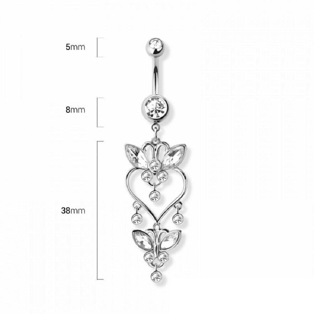 CZ Crystal Heart Butterfly Dangling Belly Button Ring - 316L Stainless Steel