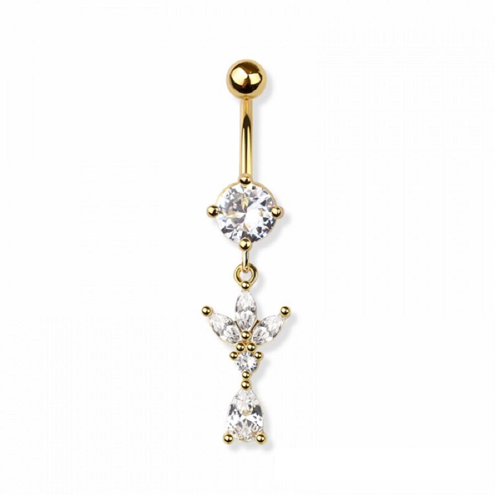 CZ Crystal Triple Marquise Tear Drop Dangling Belly Button Ring - 316L Stainless Steel