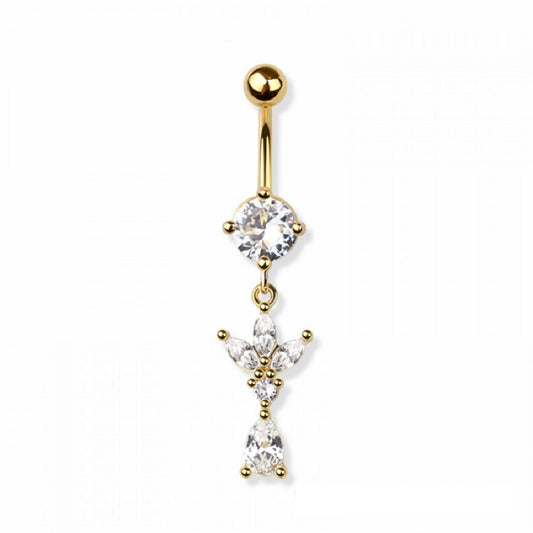 CZ Crystal Triple Marquise Tear Drop Dangling Belly Button Ring - 316L Stainless Steel