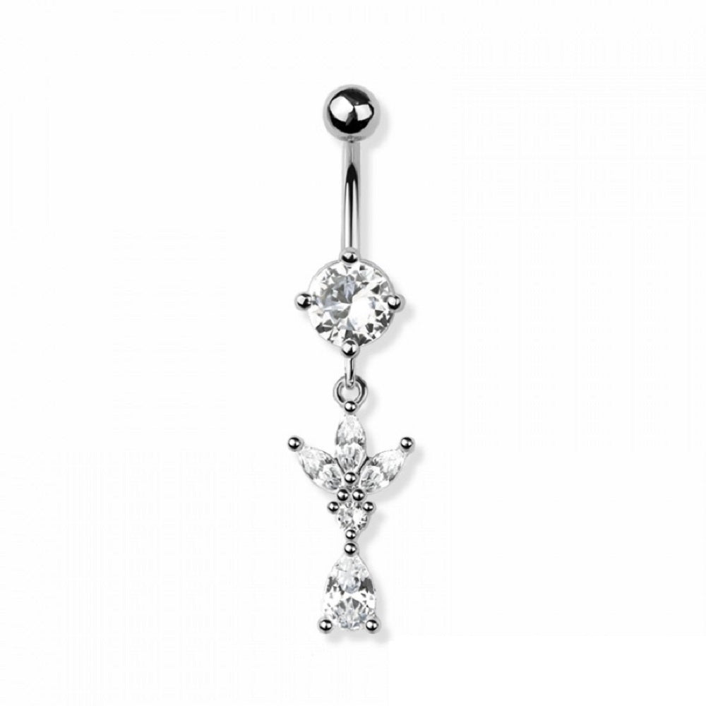 CZ Crystal Triple Marquise Tear Drop Dangling Belly Button Ring - 316L Stainless Steel