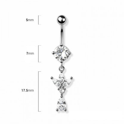 CZ Crystal Triple Marquise Tear Drop Dangling Belly Button Ring - 316L Stainless Steel