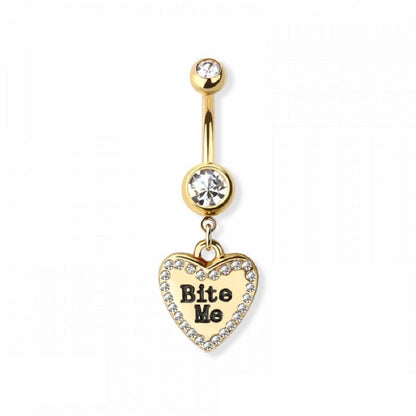 Heart Shaped Naughty Message Dangling Belly Button Ring - Gold Plated 316L Stainless Steel