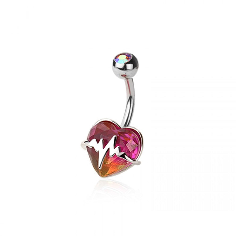 CZ Crystal Pink Ombre Heart with Heartbeat Belly Button Ring - 316L Stainless Steel