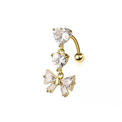 CZ Crystal Dangling Hearts and Bow Ribbon Reverse Belly Button Ring - 316L Stainless Steel