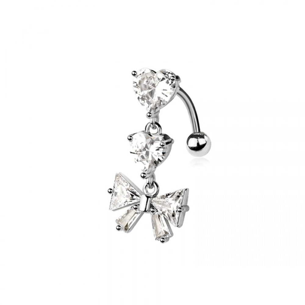 CZ Crystal Dangling Hearts and Bow Ribbon Reverse Belly Button Ring - 316L Stainless Steel