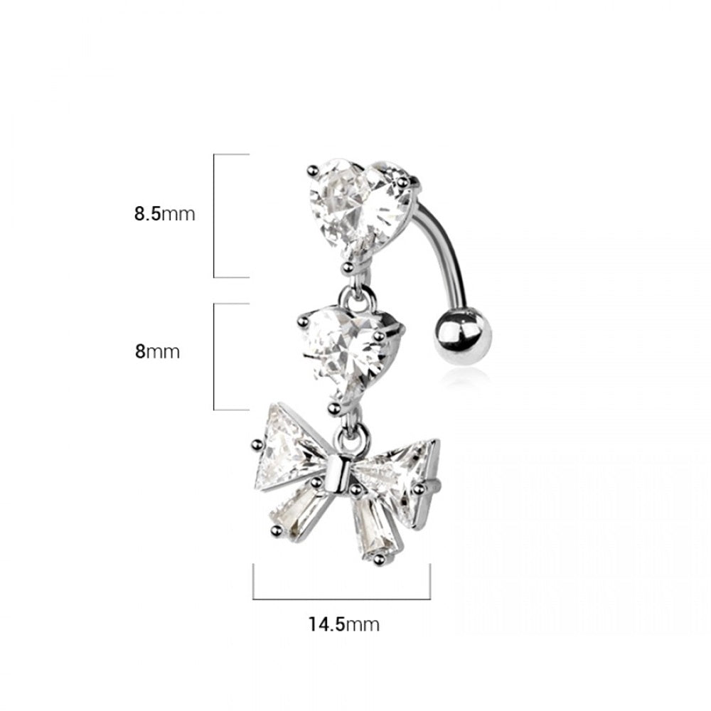 CZ Crystal Dangling Hearts and Bow Ribbon Reverse Belly Button Ring - 316L Stainless Steel