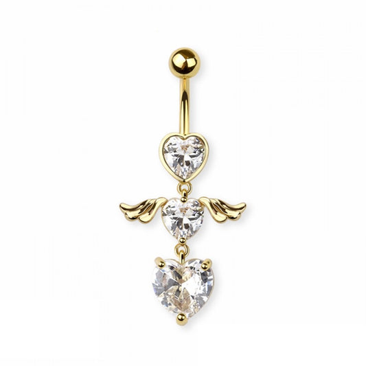 Double CZ Crystal Heart with Wings Dangling Belly Button Ring - 316L Stainless Steel