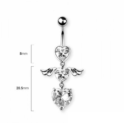 Double CZ Crystal Heart with Wings Dangling Belly Button Ring - 316L Stainless Steel