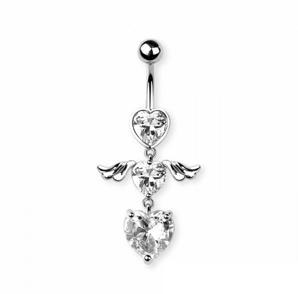 Double CZ Crystal Heart with Wings Dangling Belly Button Ring - 316L Stainless Steel