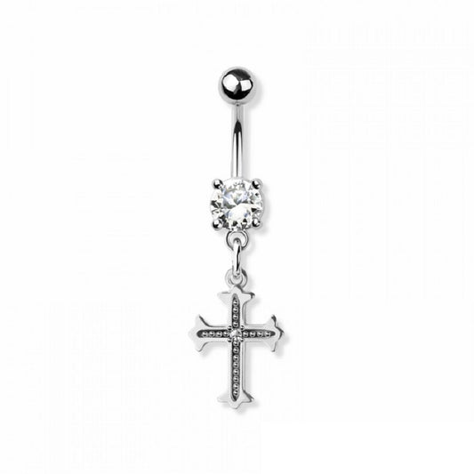CZ Crystal Cross Dangling Belly Button Ring - 316L Stainless Steel