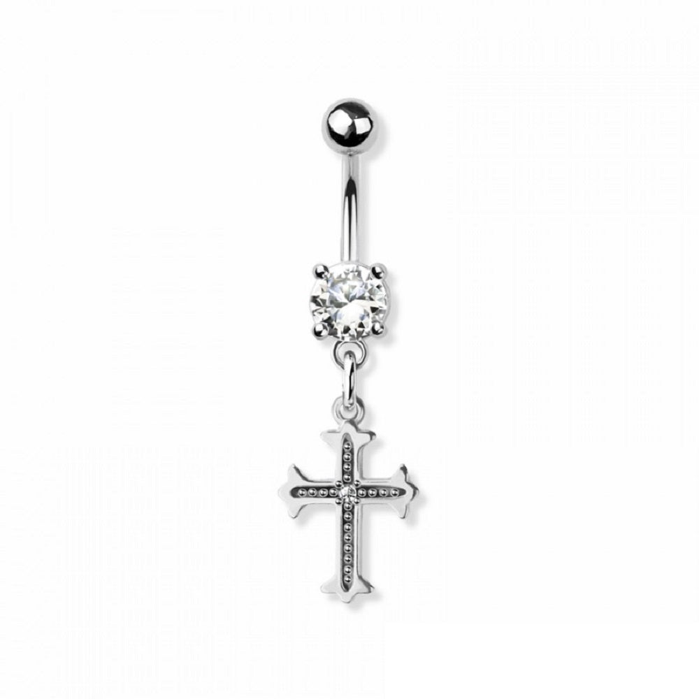 CZ Crystal Cross Dangling Belly Button Ring - 316L Stainless Steel