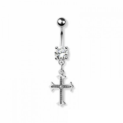 CZ Crystal Cross Dangling Belly Button Ring - 316L Stainless Steel