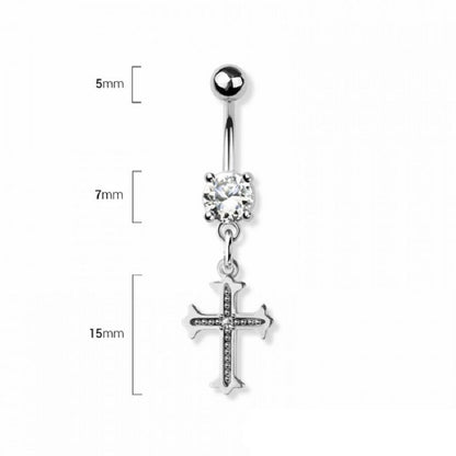 CZ Crystal Cross Dangling Belly Button Ring - 316L Stainless Steel