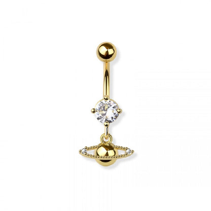 CZ Crystal Saturn Planet Dangling Belly Button Ring - 316L Stainless Steel