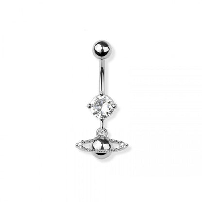 CZ Crystal Saturn Planet Dangling Belly Button Ring - 316L Stainless Steel