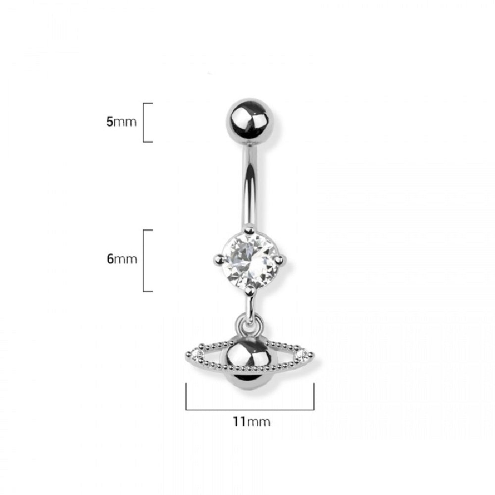 CZ Crystal Saturn Planet Dangling Belly Button Ring - 316L Stainless Steel