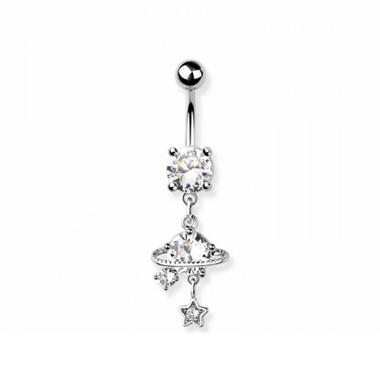 CZ Crystal Planet with Dangling Star Belly Button Ring - 316L Stainless Steel