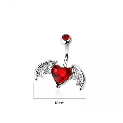 CZ Crystal Bat Winged Heart Belly Button Ring - 316L Stainless Steel