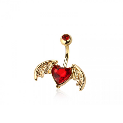 CZ Crystal Bat Winged Heart Belly Button Ring - 316L Stainless Steel
