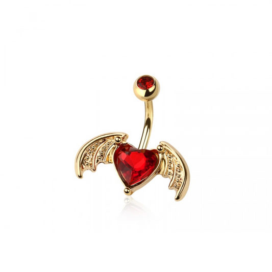 CZ Crystal Bat Winged Heart Belly Button Ring - 316L Stainless Steel