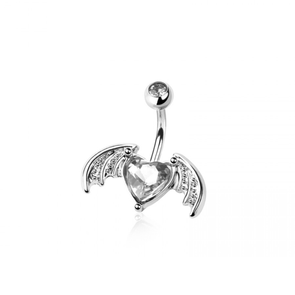 CZ Crystal Bat Winged Heart Belly Button Ring - 316L Stainless Steel