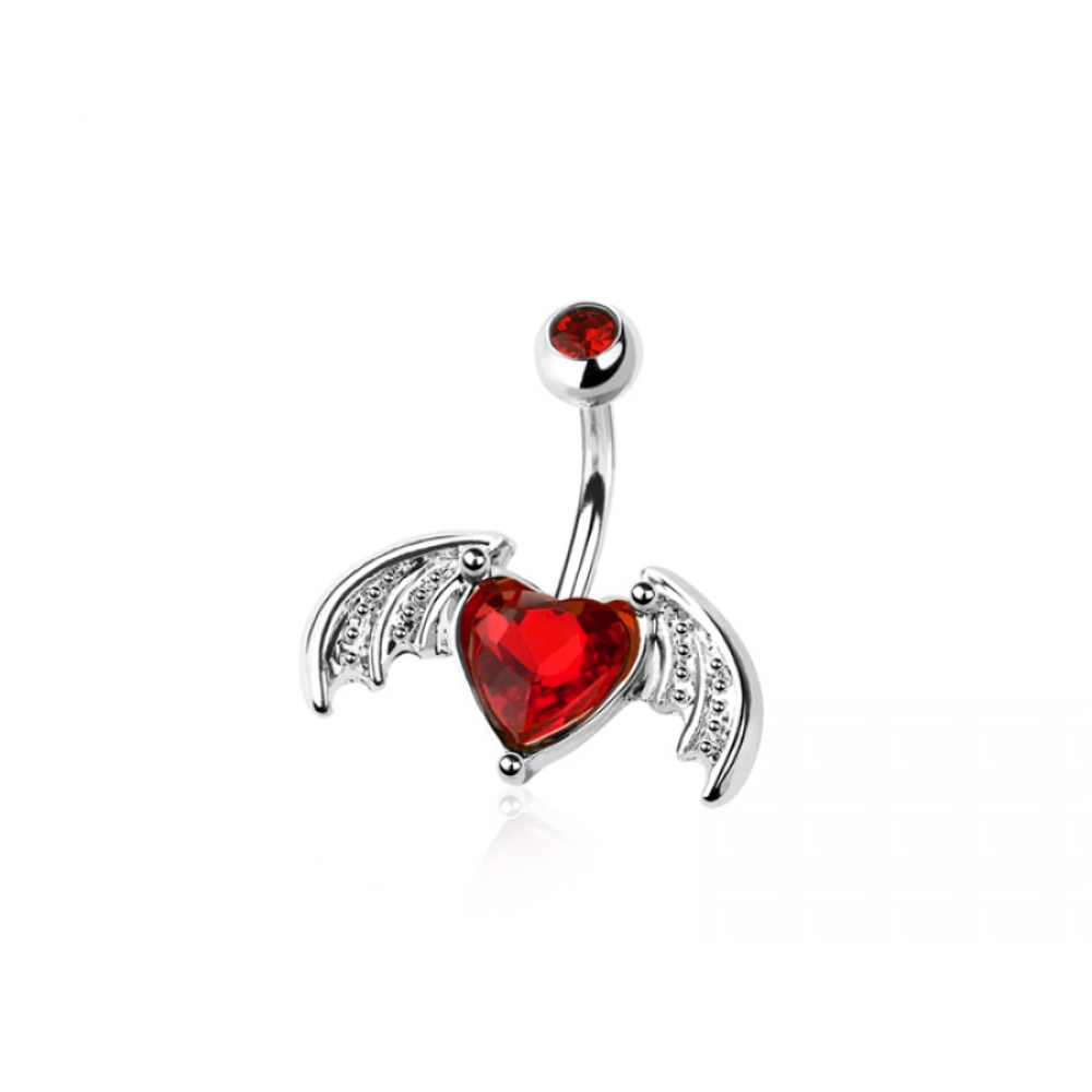 CZ Crystal Bat Winged Heart Belly Button Ring - 316L Stainless Steel