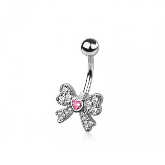 Bow with Crystal Heart Center Belly Button Ring - 316L Stainless Steel