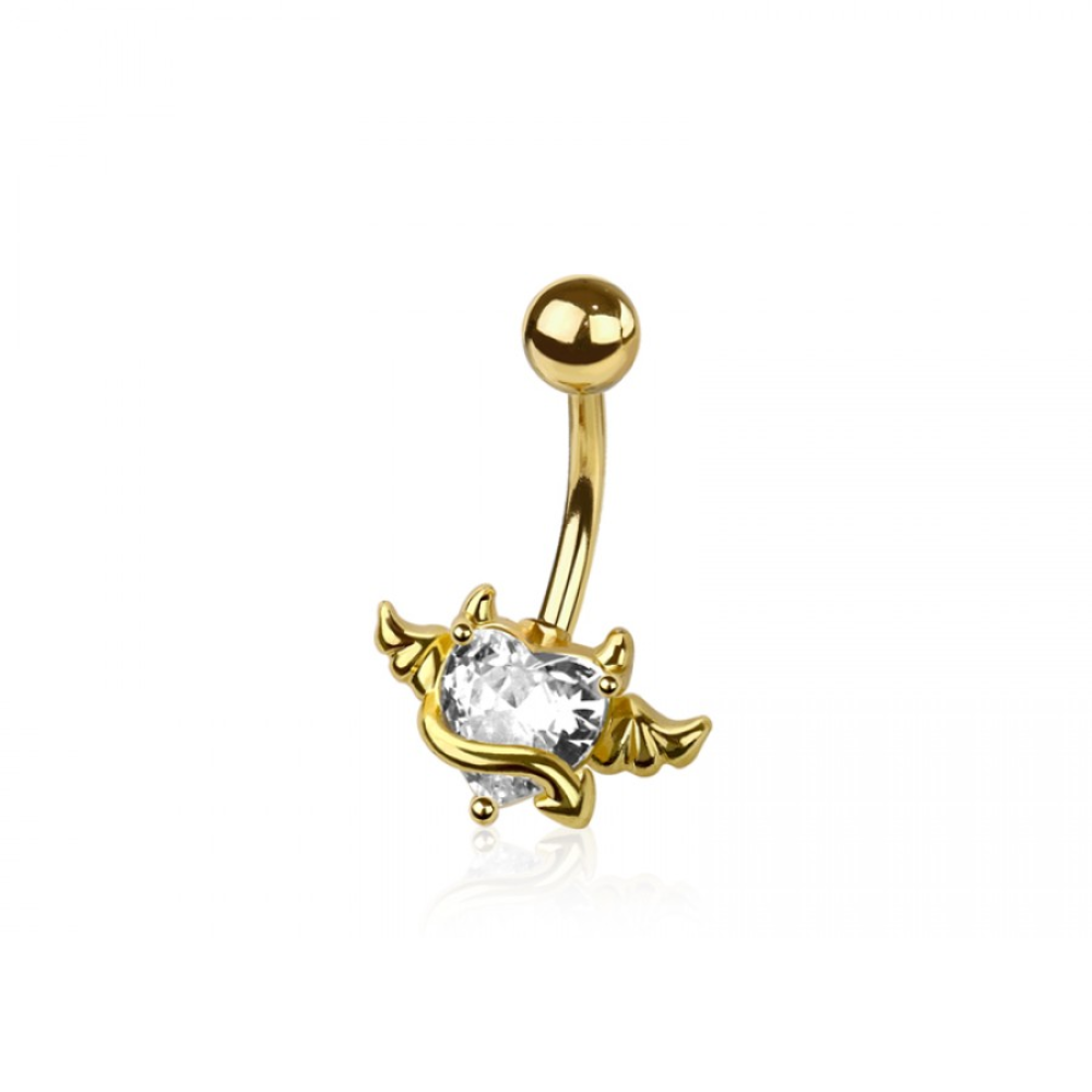 CZ Crystal Devil Winged Heart Belly Button Ring - 316L Stainless Steel