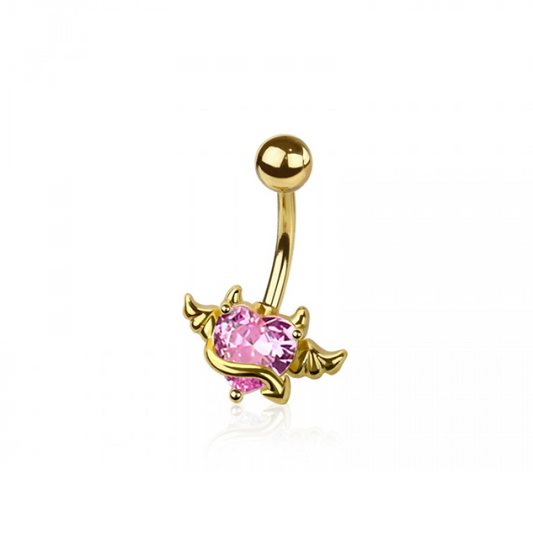CZ Crystal Devil Winged Heart Belly Button Ring - 316L Stainless Steel