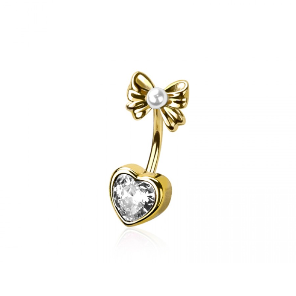 Crystal Heart with Bow and Faux Pearl Top Belly Button Ring - 316L Stainless Steel