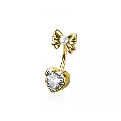 Crystal Heart with Bow and Faux Pearl Top Belly Button Ring - 316L Stainless Steel