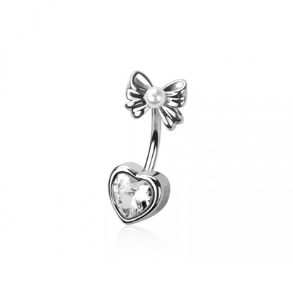 Crystal Heart with Bow and Faux Pearl Top Belly Button Ring - 316L Stainless Steel