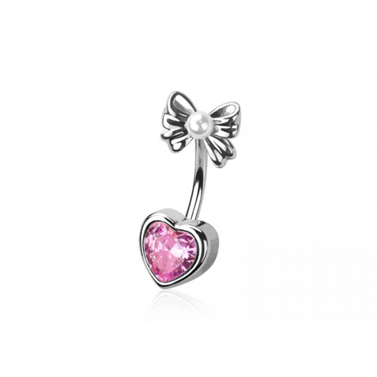 Crystal Heart with Bow and Faux Pearl Top Belly Button Ring - 316L Stainless Steel