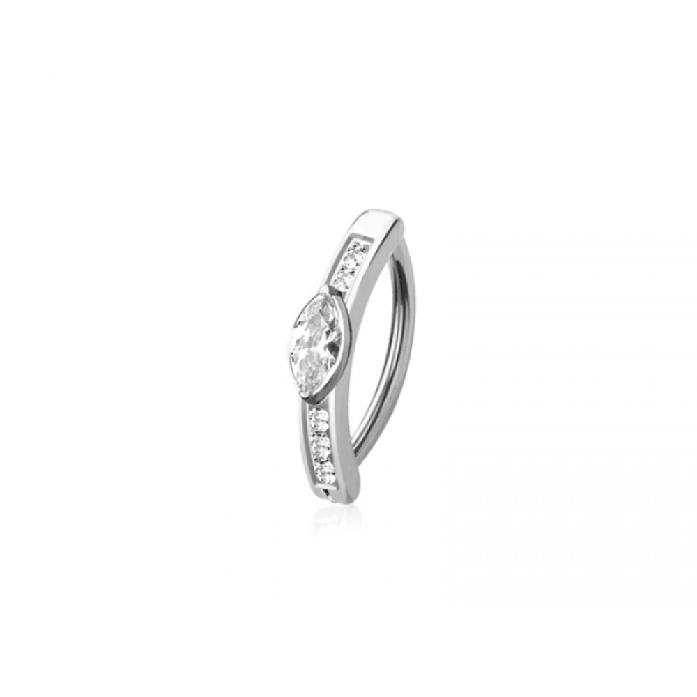 CZ Crystal Marquise Center Hinged Curved Bar Clicker Belly Button Ring - 316L Stainless Steel