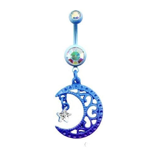 Blue Filigree Crescent Moon and Crystal Star Dangling Belly Button Ring - 316L Stainless Steel