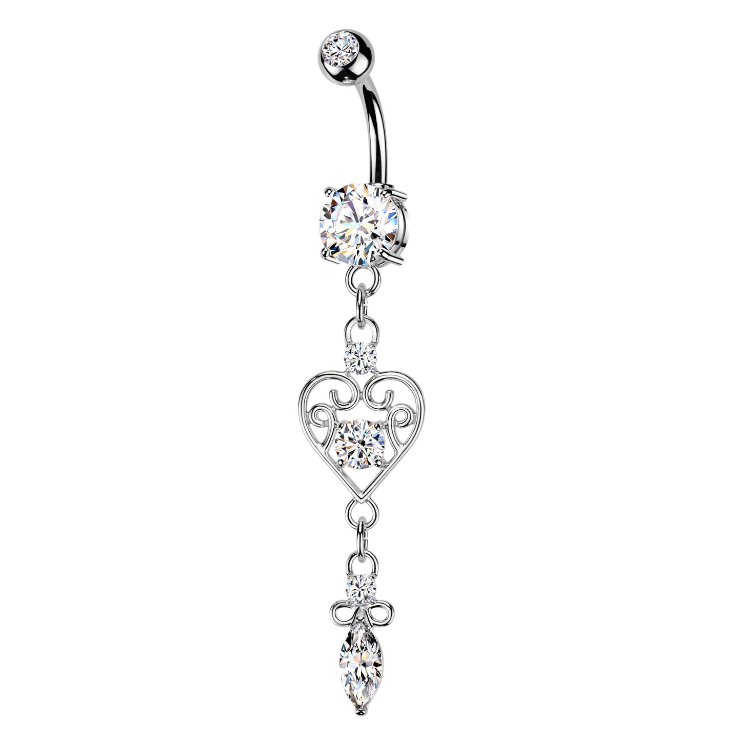 CZ Dangling Filigree Heart Belly Button Ring - 316L Stainless Steel