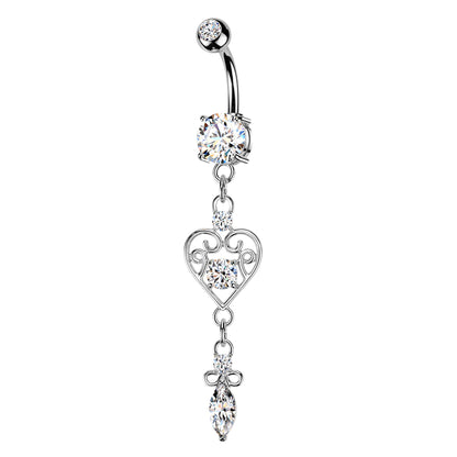 CZ Dangling Filigree Heart Belly Button Ring - 316L Stainless Steel