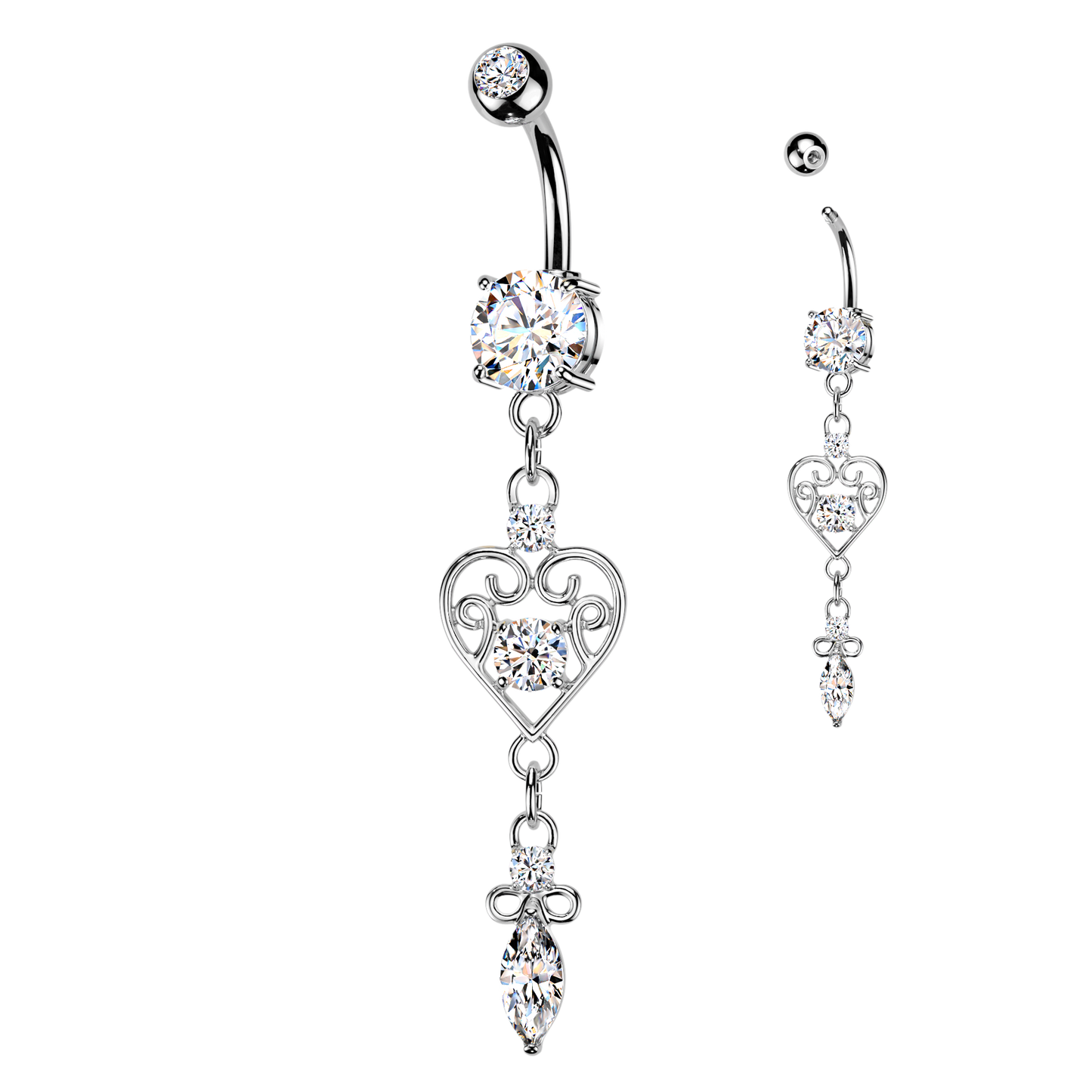 CZ Dangling Filigree Heart Belly Button Ring - 316L Stainless Steel