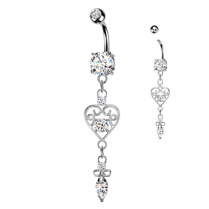 CZ Dangling Filigree Heart Belly Button Ring - 316L Stainless Steel