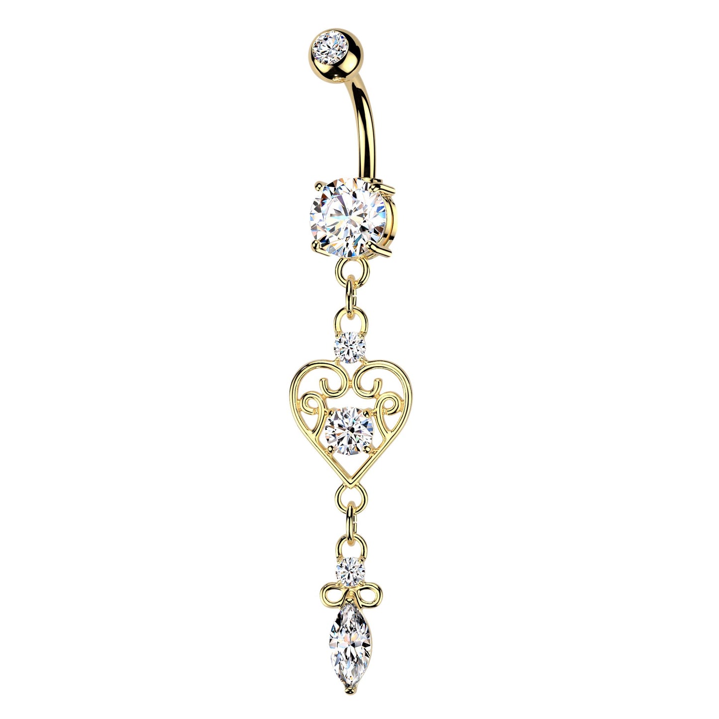CZ Dangling Filigree Heart Belly Button Ring - 316L Stainless Steel