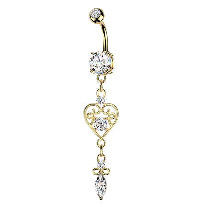 CZ Dangling Filigree Heart Belly Button Ring - 316L Stainless Steel