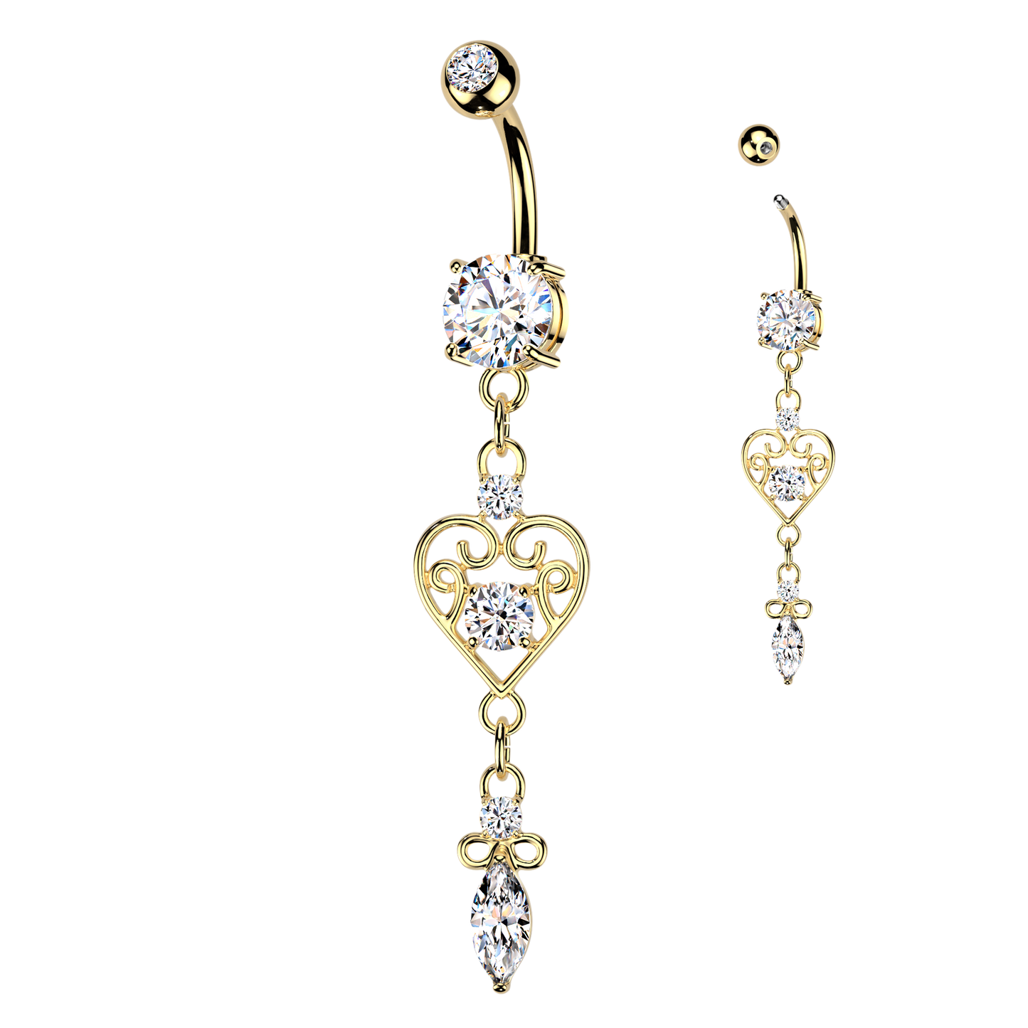 CZ Dangling Filigree Heart Belly Button Ring - 316L Stainless Steel