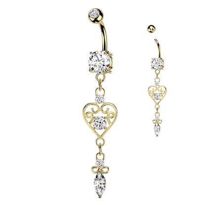 CZ Dangling Filigree Heart Belly Button Ring - 316L Stainless Steel