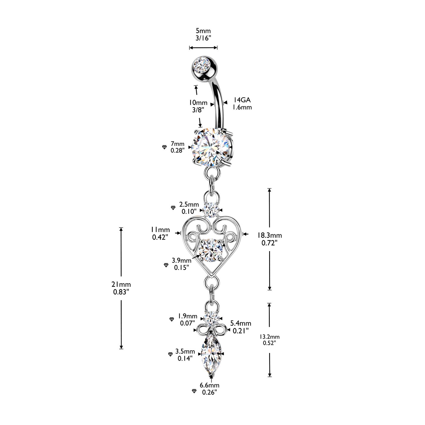 CZ Dangling Filigree Heart Belly Button Ring - 316L Stainless Steel